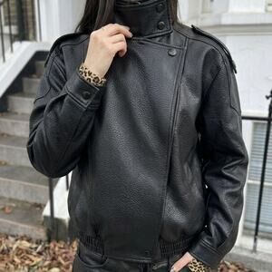 Vintage Black Faux Leather Jacket High Neck Moto Biker Grunge Y2K Indie Sleaze